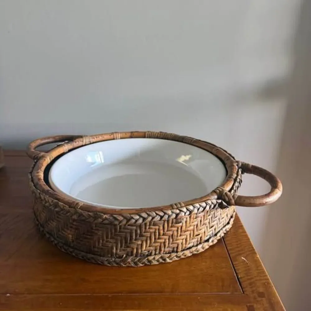 Ceramic Casserole Dish with Woven Rattan Carrier